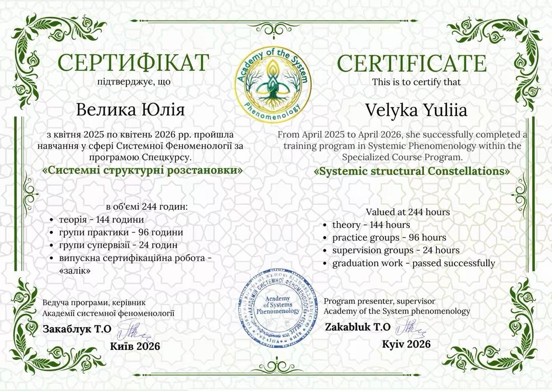 Сертифікат: Системні структурні розстановки, 244 години